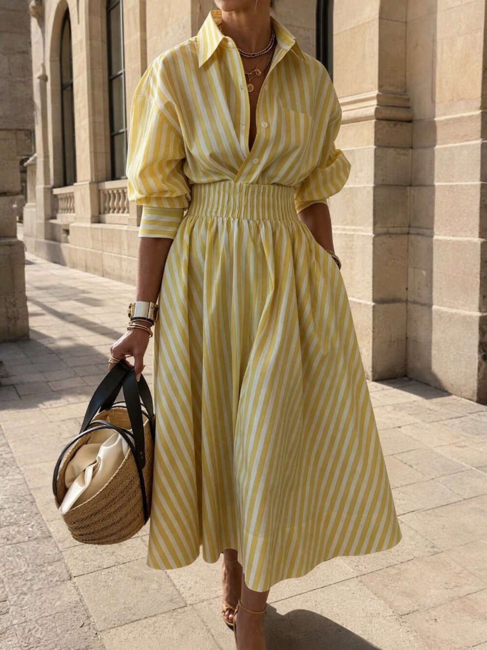 Yellow Modest Women's Striped Pattern Shirt & Skirt Set